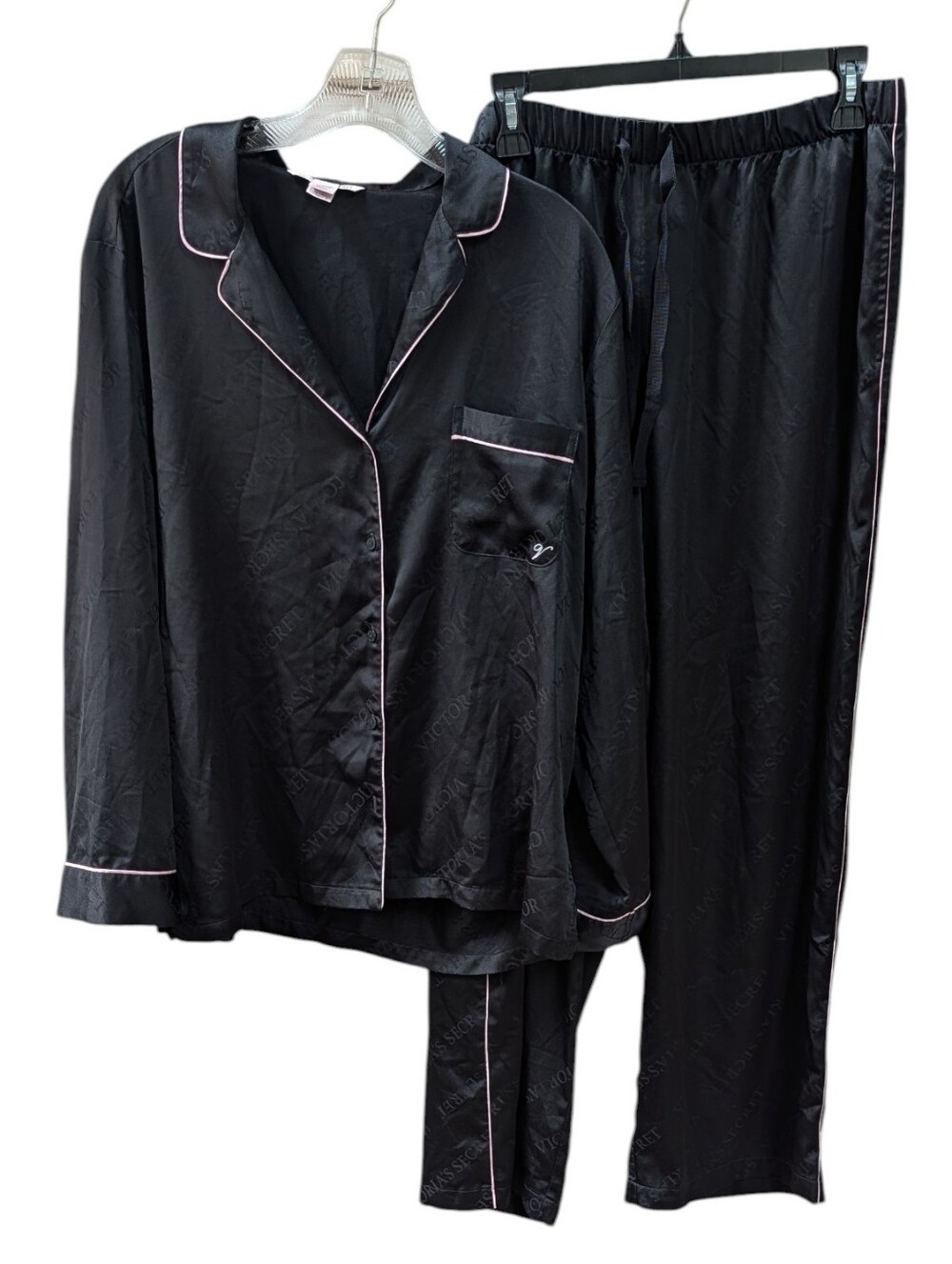 Victoria's Secret, Signature Satin Shine Black Long Pajamas. Lg